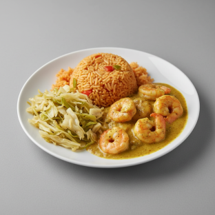 Curry Stew Shrimp with Jollof Rice and Cabbage