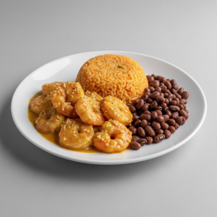 Curry Stew Shrimp with Jollof Rice and Black-Eyed Peas