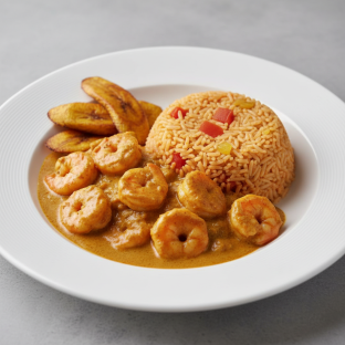 Curry Stew Shrimp with Jollof Rice and Plantains