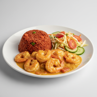 Curry Stew Shrimp with Jollof Rice and Senegalese Salad