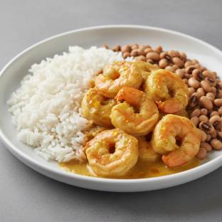 Curry Stew Shrimp with White Rice and Black-Eyed Peas