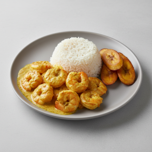 Curry Stew Shrimp with White Rice and Plantains