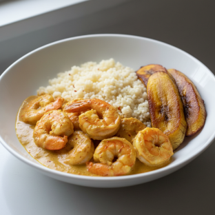 Curry Stew Shrimp with Couscous and Plantains