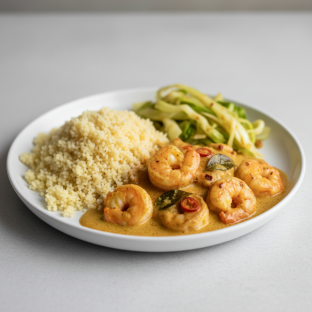 Curry Stew Shrimp with Attieke (Cassava Couscous) and Cabbage