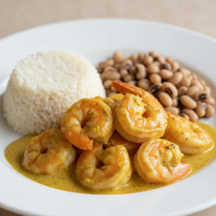 Curry Stew Shrimp with Attieke (Cassava Couscous) and Black-Eyed Peas