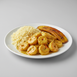 Curry Stew Shrimp with Attieke (Cassava Couscous) and Plantains