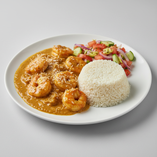 Curry Stew Shrimp with Attieke (Cassava Couscous) and Senegalese Salad