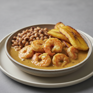 Curry Stew Shrimp with Black-Eyed Peas and Plantains