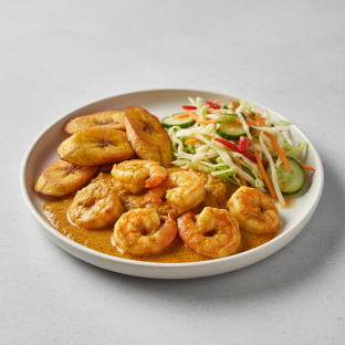 Curry Stew Shrimp with Plantains and Senegalese Salad