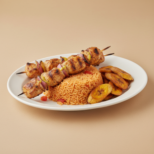 Brochette Chicken with Jollof Rice and Plantains
