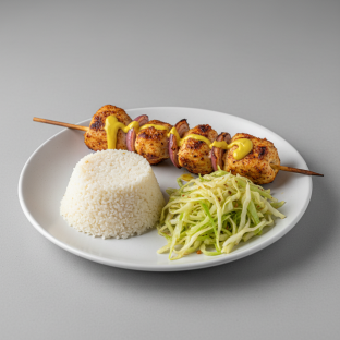 Brochette Chicken with Attieke (Cassava Couscous) and Cabbage