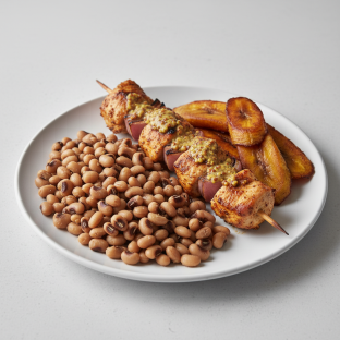 Brochette Chicken with Black-Eyed Peas and Plantains