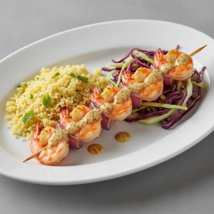 Brochette Shrimp with Couscous and Cabbage