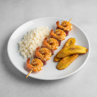 Brochette Shrimp with Attieke (Cassava Couscous) and Plantains