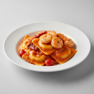 Lobster Ravioli with Pomodoro Sauce and Shrimp