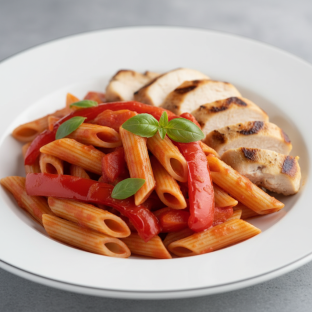 Gluten Free Penne with Pomodoro Sauce and Grilled Chicken + Roasted Peppers