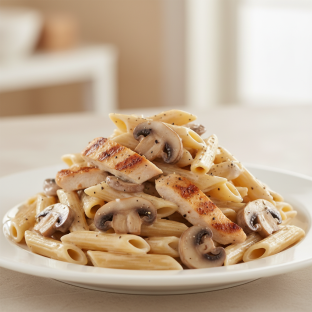 Gluten Free Penne with Alfredo Sauce and Grilled Chicken + Mushrooms