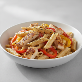 Gluten Free Penne with Alfredo Sauce and Grilled Chicken + Roasted Peppers