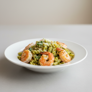 Penne with Pesto Sauce and Shrimp