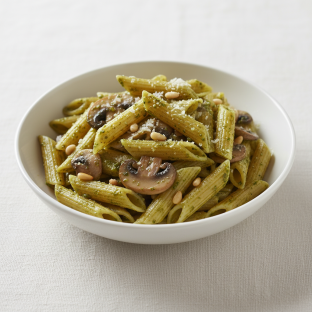 Penne with Pesto Sauce and Mushrooms