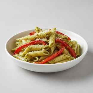 Penne with Pesto Sauce and Roasted Peppers