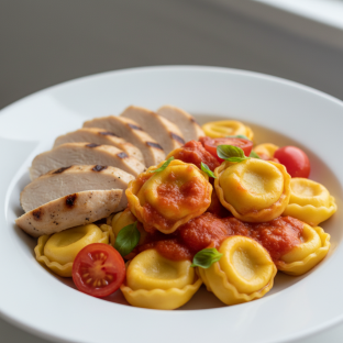 Cheese Tortellini with Pomodoro Sauce and Grilled Chicken