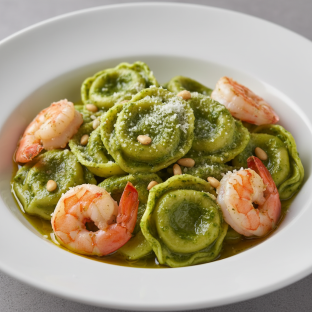 Cheese Tortellini with Pesto Sauce and Shrimp