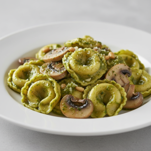 Cheese Tortellini with Pesto Sauce and Mushrooms