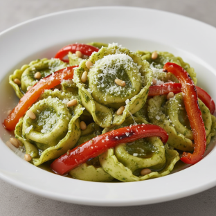 Cheese Tortellini with Pesto Sauce and Roasted Peppers