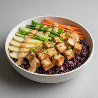 Nut-Free Tofu Purple Rice Bowl with "Peanut" Sauce (No Cashews)