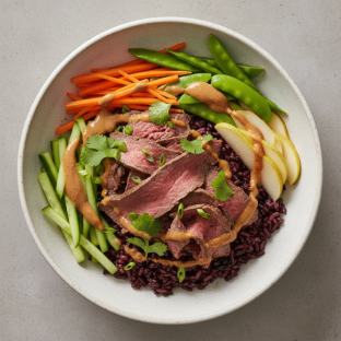 Nut-Free Wagyu Beef Purple Rice Bowl with "Peanut" Sauce (No Cashews)