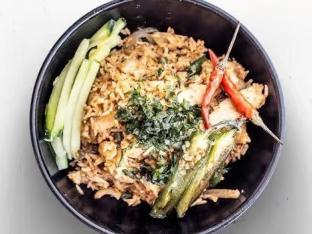 Fried Chicken Thai Basil Fried Rice with Vegetable Spring Roll