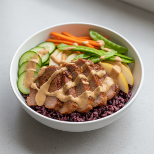 Nut-Free Pork Shoulder Purple Rice Bowl with "Peanut Sauce" (No Cashews)