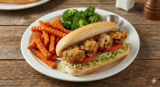 Vegan Fried Mushroom Po' Boy with Sweet Potato Fries and Steamed Broccoli [21 oz]