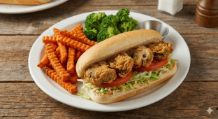 Vegan Fried Mushroom Po' Boy with Sweet Potato Fries and Steamed Broccoli [16 oz]