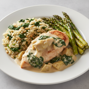 Creamy Artichoke Spinach Chicken, Spinach Pine Nut Orzo and Roasted Asparagus Creamy Artichoke Spinach Chicken, Spinach Pine Nut Orzo and Roasted Asparagus