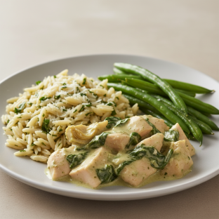 Creamy Artichoke & Spinach Chicken | Parmesan Basil Orzo | Sautéed Green Beans Creamy Artichoke & Spinach Chicken | Parmesan Basil Orzo | Sautéed Green Beans