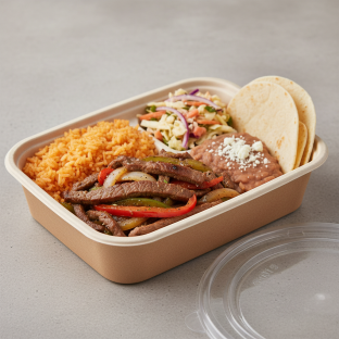 Beef Fajitas, Mexican Rice, Beans, Corn Tortilla and Mexican Slaw Beef Fajitas, Mexican Rice, Beans, Corn Tortilla and Mexican Slaw