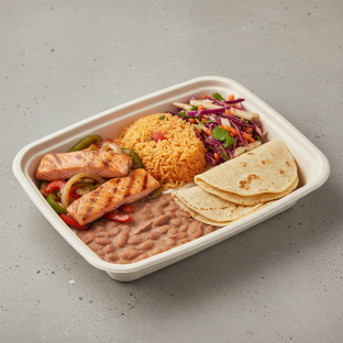 Salmon Fajitas, Mexican Rice, Beans, Corn Tortilla and Mexican Slaw Salmon Fajitas, Mexican Rice, Beans, Corn Tortilla and Mexican Slaw