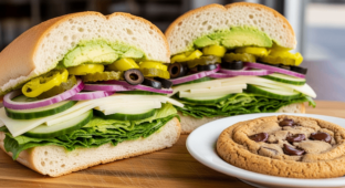 Vegetarian Sub on White Bread and a Chocolate Chip Cookie (No Tomatoes)