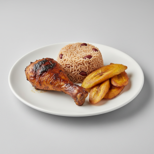 Jerk Chicken, Rice and Peas, and Plantains