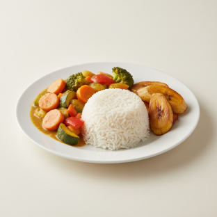 Vegetable Curry (vegan), Rice, and Plantains