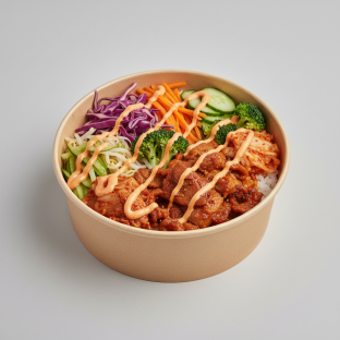 Spicy Pork Bibimbap with Steamed Rice and Spicy Mayo