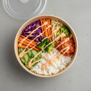 Mix Vegetable Bibimbap with Steamed Rice and Spicy Mayo