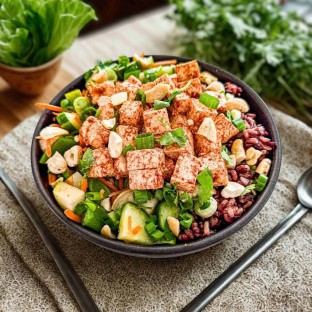 Tofu Purple Rice Bowl with "Peanut" Sauce