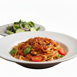 Vegan Fettuccine Arrabiata with Mixed Vegetables | Garden Salad