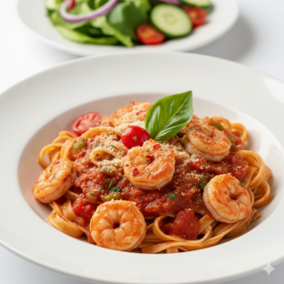 Fettuccine Arrabiata with Shrimp | Garden Salad