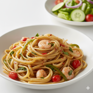 Fettuccine Aglio with Shrimp | Garden Salad