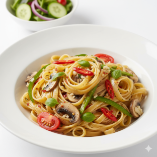 Vegan Fettuccine Aglio with Mixed Vegetables | Garden Salad