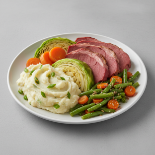 Corned Beef and Cabbage, Irish Champ Potatoes and Parsley Carrots and Green Beans Corned Beef and Cabbage, Irish Champ Potatoes and Parsley Carrots and Green Beans